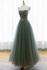 Bridesmaids Dresses Under 102, Gray Green Tulle Beaded Long Prom Dress, A-Line Evening Dress
