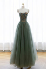 Bridesmaids Dress Under 102, Gray Green Tulle Beaded Long Prom Dress, A-Line Evening Dress