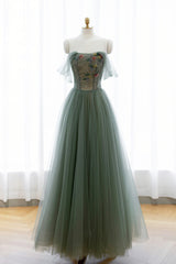 Bridesmaid Dress Mdae To Order, Gray Green Tulle Beaded Long Prom Dress, A-Line Evening Dress