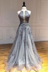 Homecoming Dresses 2056, Gray tulle lace long prom dress gray tulle lace formal dress