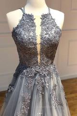 Homecoming Dress 2056, Gray tulle lace long prom dress gray tulle lace formal dress