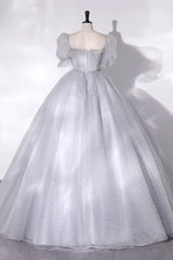 Evening Dresses Long, Gray Tulle Long A-Line Ball Gown, Gray Short Sleeve Evening Gown