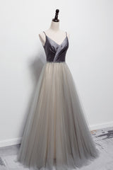 Prom Dresses Designer, Gray Tulle Long A-Line Prom Dress, V-Neck Spaghetti Straps Evening Dress