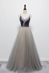 Prom Dress Inspirational, Gray Tulle Long A-Line Prom Dress, V-Neck Spaghetti Straps Evening Dress