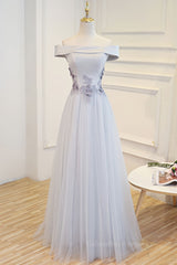 Homecomming Dress Black, Gray tulle off shoulder lace long prom dress gray tulle formal dress