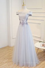 Homecomeing Dresses Black, Gray tulle off shoulder lace long prom dress gray tulle formal dress