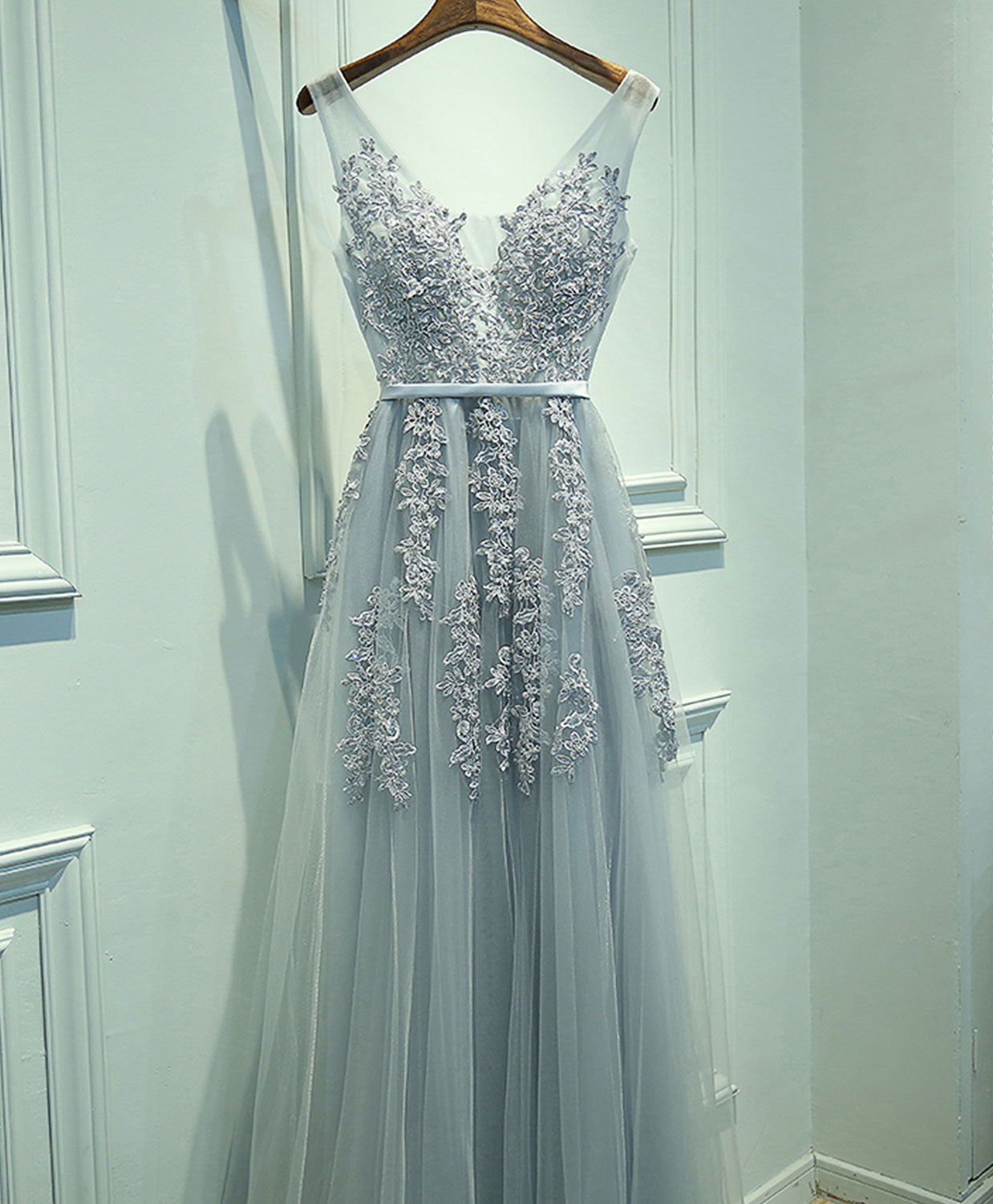 Sparklie Dress, Gray V Neck Lace Tulle Long Prom Dress, Lace Evening Dress