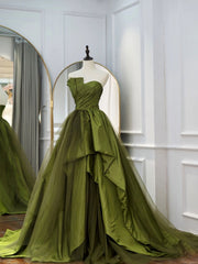 Prom Dress Sleeves, Green Long Prom Dresses, Green Satin Formal Long Evening Dress