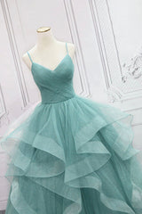 Bridesmaid Dresses Pink, Green Spaghetti Strap Long Prom Dress, Green V-Neck Tulle Evening Dress