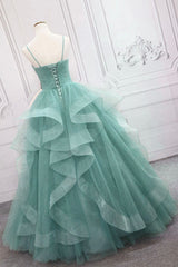 Bridesmaid Dress 2024, Green Spaghetti Strap Long Prom Dress, Green V-Neck Tulle Evening Dress
