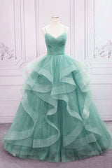 Bridesmaid Dresses Fall, Green Spaghetti Strap Long Prom Dress, Green V-Neck Tulle Evening Dress