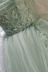 Bridesmaid Dress Dark, Green Sweetheart Beaded Tulle Long Prom Dress, Green Evening Dress