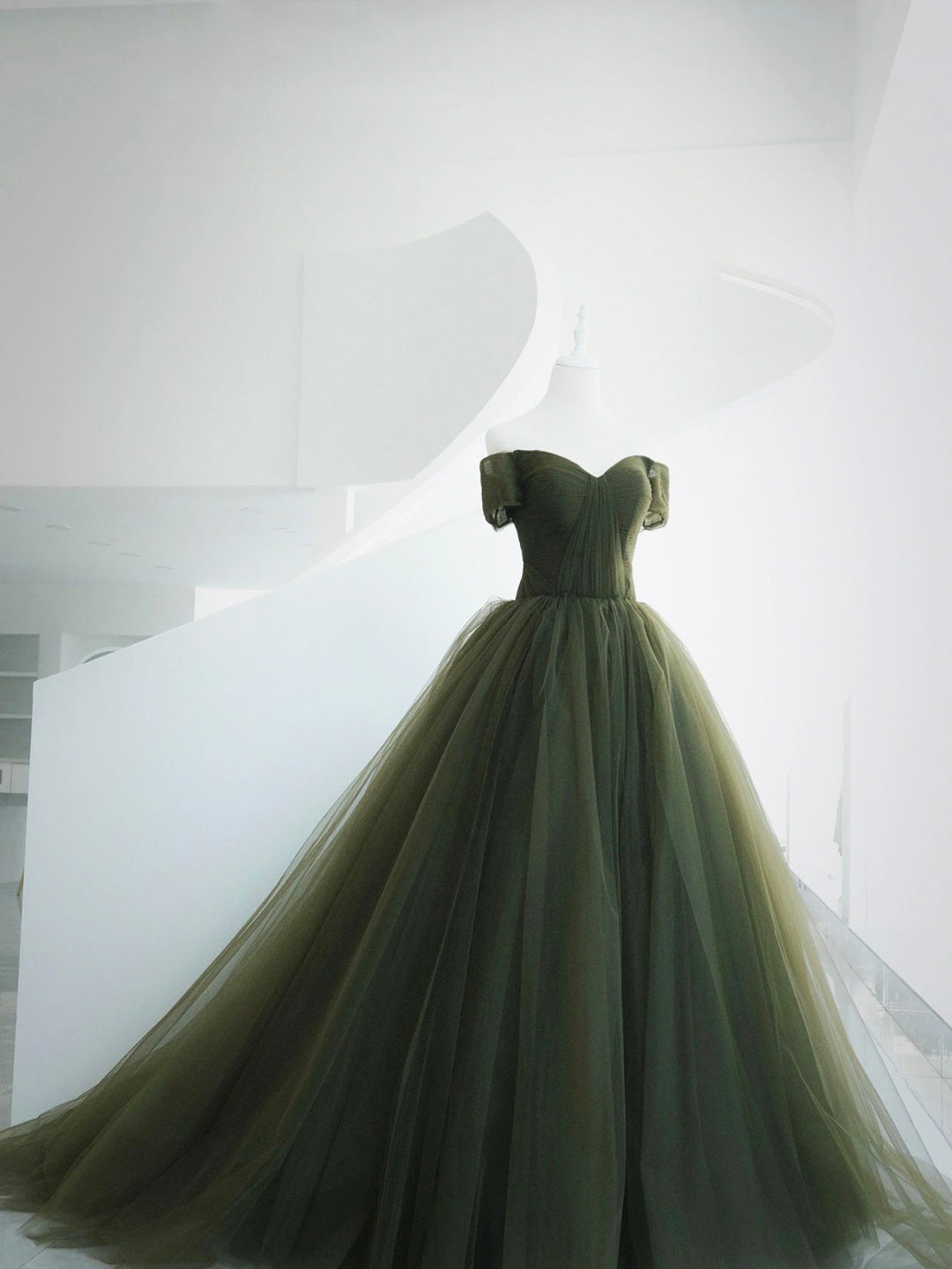 Prom Dresses Light Blue, Green Tulle Long Prom Dress, A-Line Off Shoulder Evening Dress