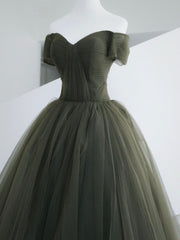 Prom Dress Blue Lace, Green Tulle Long Prom Dress, A-Line Off Shoulder Evening Dress