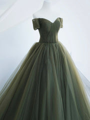 Prom Dress Light Blue, Green Tulle Long Prom Dress, A-Line Off Shoulder Evening Dress