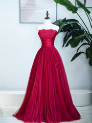 Party Dresses Purple, Burgundy Strapless Tulle Prom Dress, Burgundy Long Formal Dress