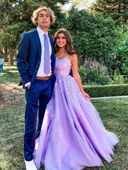 Party Dresses Sale, Lavender Applique Tulle Long Prom Dresses, Purple Lace Graduation Dresses Formal Gown