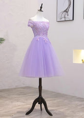 Prom Dresses With Pockets, Lavender Lace Shoulder Short Cocktail Dresses A-line