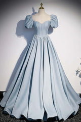 Prom Dress Under 56, Light Blue Satin Long Prom Dress,A-Line Short Sleeve Evening Dresses