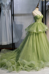 Prom Dresses Shorts, Light Green A-line Straps Ruffle-Layers Sweeping Maxi Formal Dress