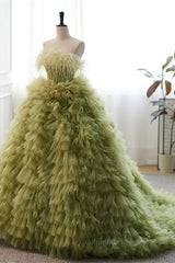 Bridesmaids Dresses Long, Light Green Strapless Boning Ruffle-Layers Formal Dress with Feathers