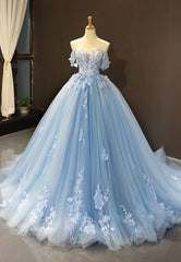 Formal Dress Elegant Classy, Blue Tulle Long A-Line Prom Dress, Off the Shoulder Evening Dress