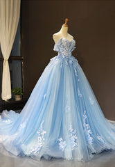 Formal Dresses For Winter, Blue Tulle Long A-Line Prom Dress, Off the Shoulder Evening Dress