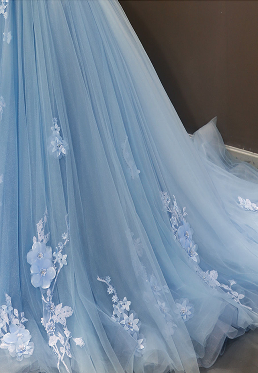 Formal Dresses Elegant Classy, Blue Tulle Long A-Line Prom Dress, Off the Shoulder Evening Dress
