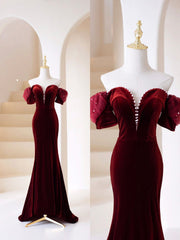 Party Dress Ball, Burgundy Velvet Long Prom Dress, Mermaid Off Shoulder Evening Party Dress