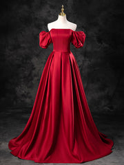 Party Dresses For Girl, Burgundy Satin Off the Shoulder Formal Dress, A-Line Burgundy Evening Dress