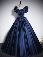 Bridesmaids Dresses Affordable, Elegant Blue Satin Floor-Length Prom Dresses, Square Neckline Puffy Short Sleeve Bow Formal Dresses