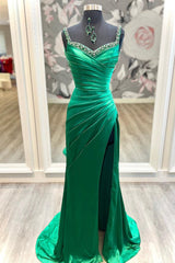 Prom Dress Long Beautiful, Mermaid Satin Long Prom Dress, Green Satin Evening Dress with Beaded