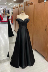 Bachelorette Party, Off Shoulder Black Satin Long Prom Dress, Long Black Formal Graduation Evening Dress