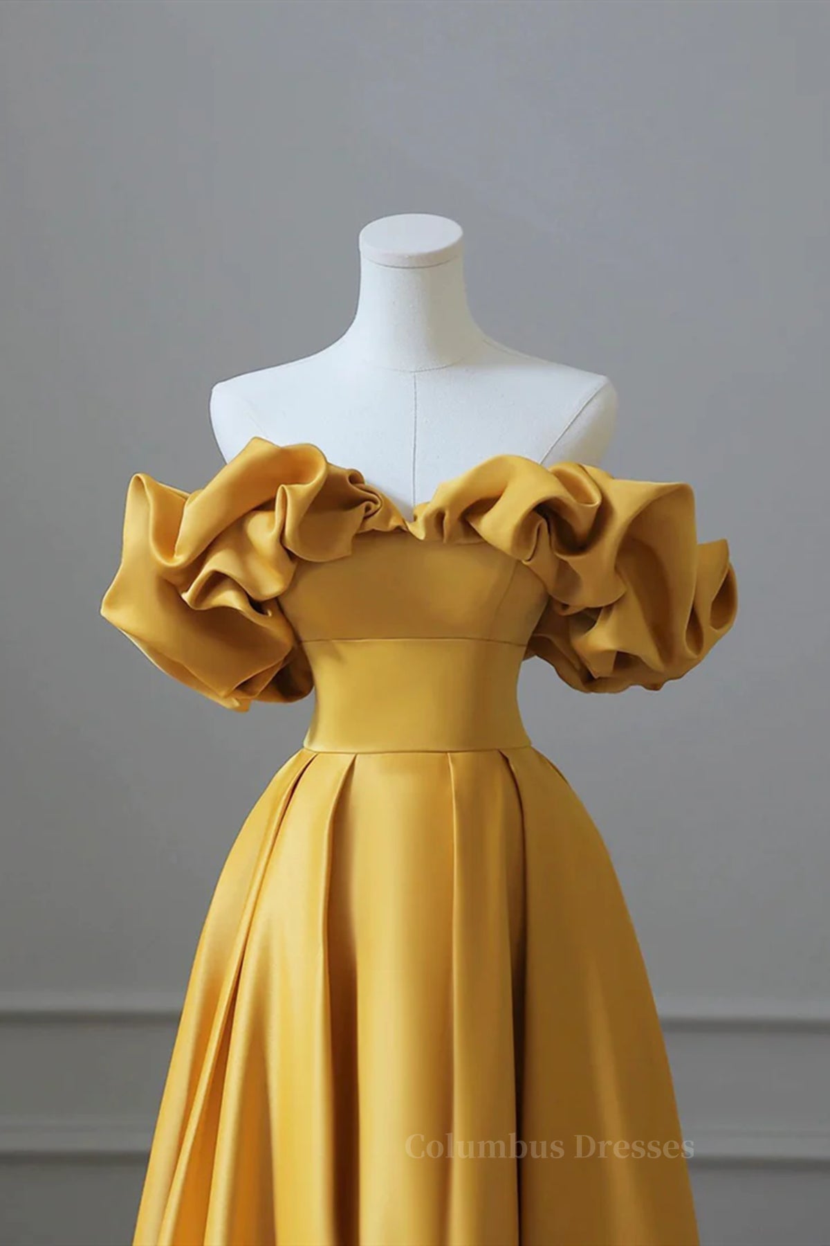 Prom Dress Long Mermaid, Off the Shoulder Yellow Satin Long Prom Dresses, Off Shoulder Yellow Long Formal Evening Dresses