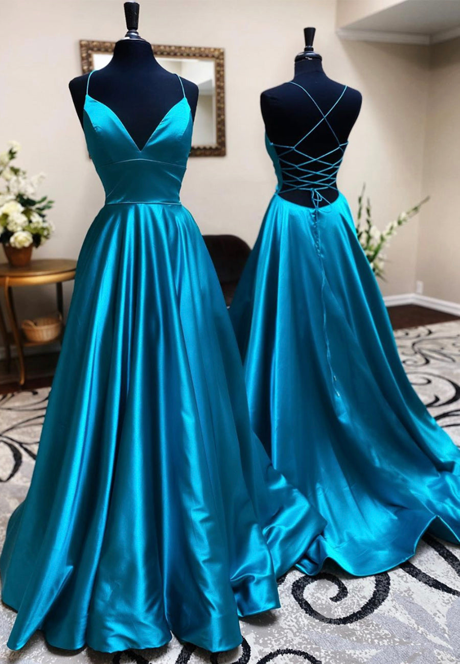 Formal Dress Trends, Blue V-Neck Satin Long Prom Dresses, Blue Backless Evening Dresses