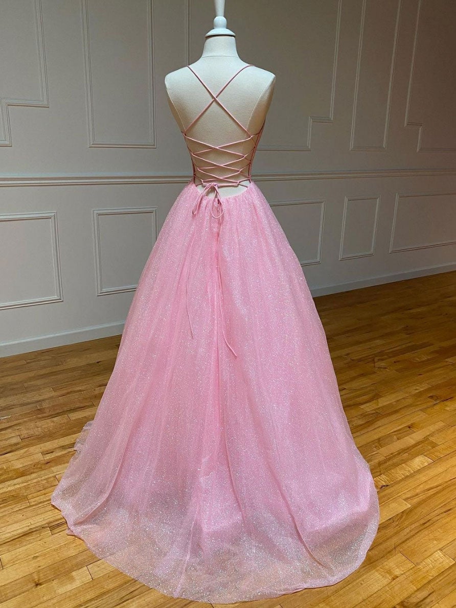 Homecoming Dress Styles, Pink A-line v neck tulle long prom dress, pink evening dress