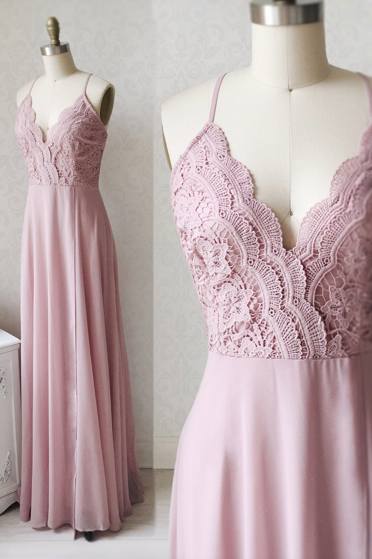 Homecoming Dresses Red, Pink Chiffon Lace Long A-Line Prom Dress, Pink V-Neck Evening Dress