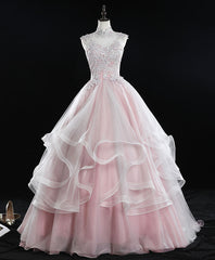 Evening Dress Yellow, Pink High Neck Tulle Lace Long Sweet 16 Dress Tulle Lace Pink Prom Dress