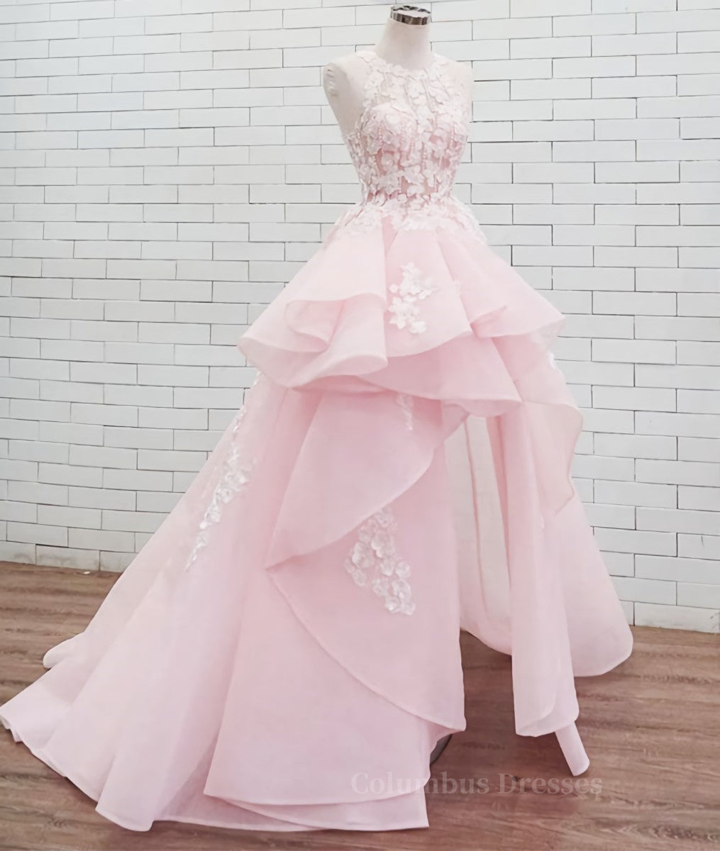 Party Dresses For Girl, PinK lace tulle long prom dress, pink tulle evening dress