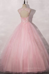 Bridesmaid Dresses Sage Green, Pink round neck tulle lace long prom dress pink tulle formal dress