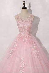 Wedding Ideas, Pink round neck tulle lace long prom dress pink tulle formal dress