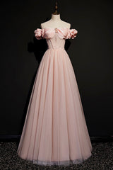 Homecoming Dresses Tight, Pink Tulle Beaded Long A-Line Prom Dress, Pink Off the Shoulder Evening Dress