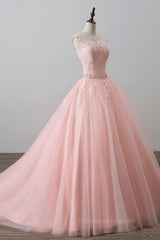Formal Dresses For Ladies Over 84, Pink tulle lace long prom dress, pink tulle evening dress