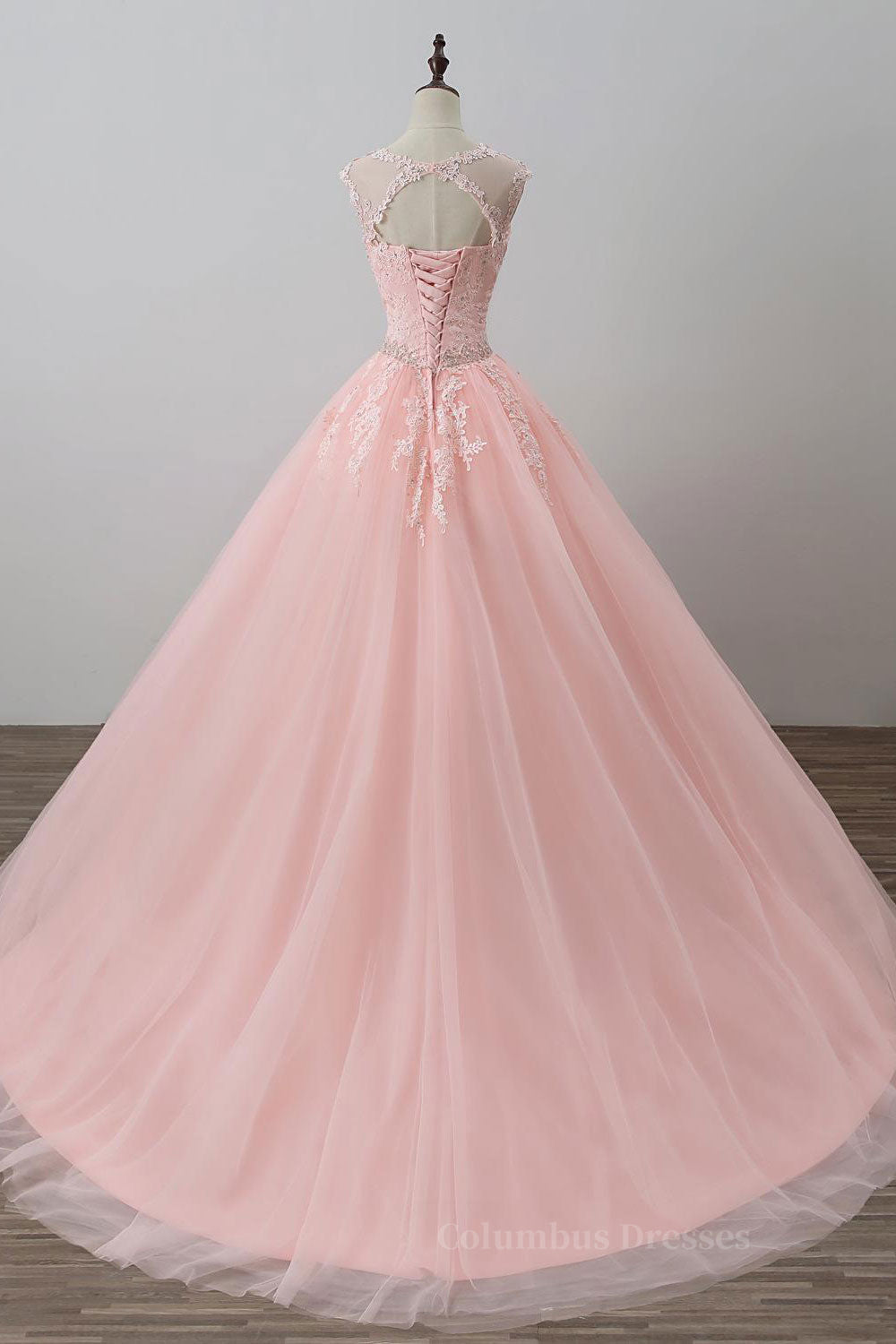 Light Blue Dress, Pink tulle lace long prom dress, pink tulle evening dress