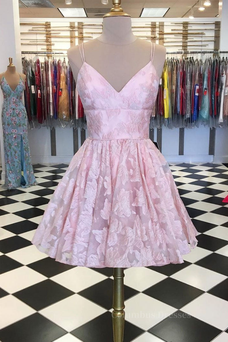 Evening Dress Gown, Pink v neck lace short prom dress, pink lace homecoming dress