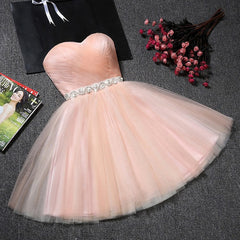 Bridesmaid Dresses Red, Strapless Blush Pink Tulle Short With Sash Sweet 16 Cute Prom Dresses