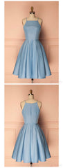 Bridesmaides Dresses Summer, Sky Blue A Line Satin Blue Spaghetti Straps Short Prom Dresses