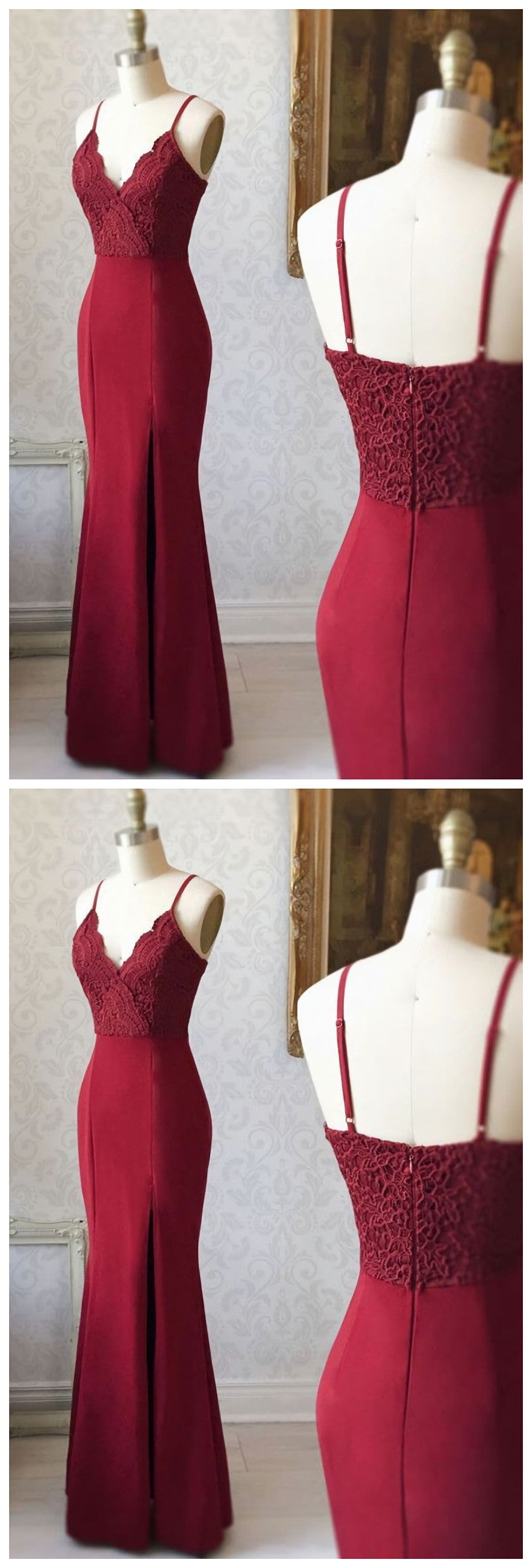 Party Dress Pink Dress, BURGUNDY V NECK LACE MERMAID LONG BURGUNDY Evening Dresses