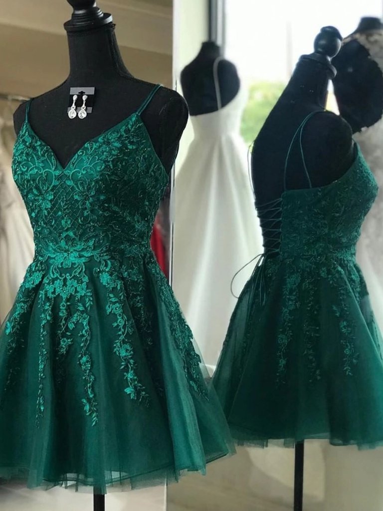 Homecomeing Dresses Vintage, V Neck Emerald Green Lace Appliques Short Prom Dresses, Emerald Green Lace Homecoming Dresses, Emerald Green Formal Graduation Evening Dresses