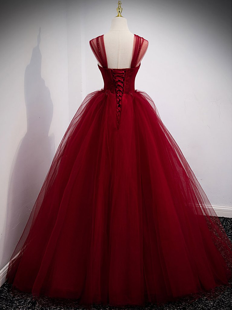Homecoming Dresses Idea, Burgundy Sweetheart Tulle Long Prom Dress, Burgundy Evening Dress